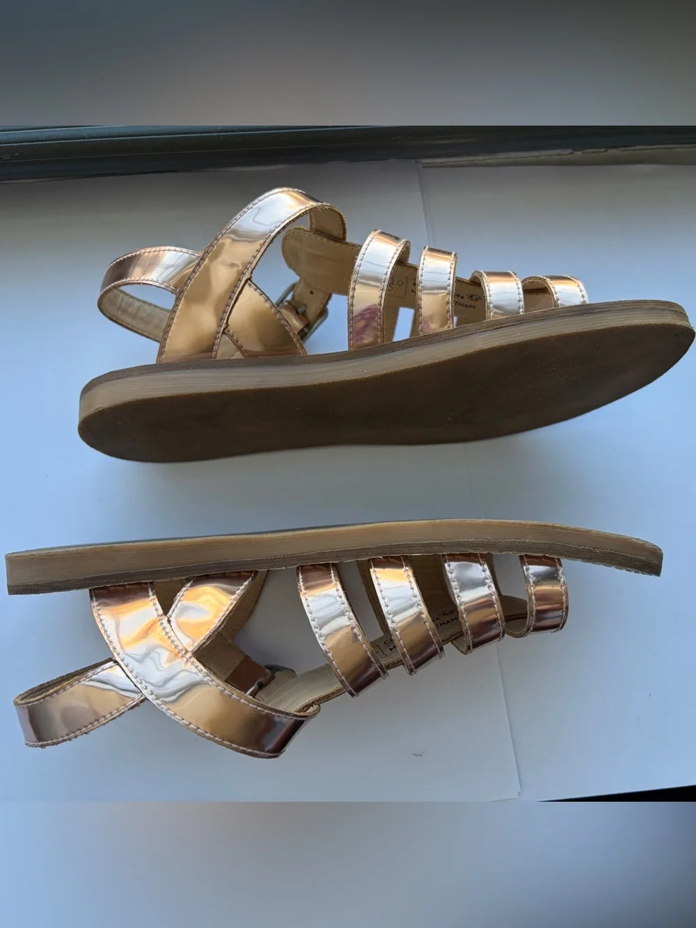 Mini Boden Girls Metallic Shiny Rose Gold Gladiator Sandals with Buckle